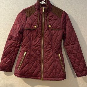 Girls burgundy jacket w/ brown details. Stylish, warm light not heavy or bulky.